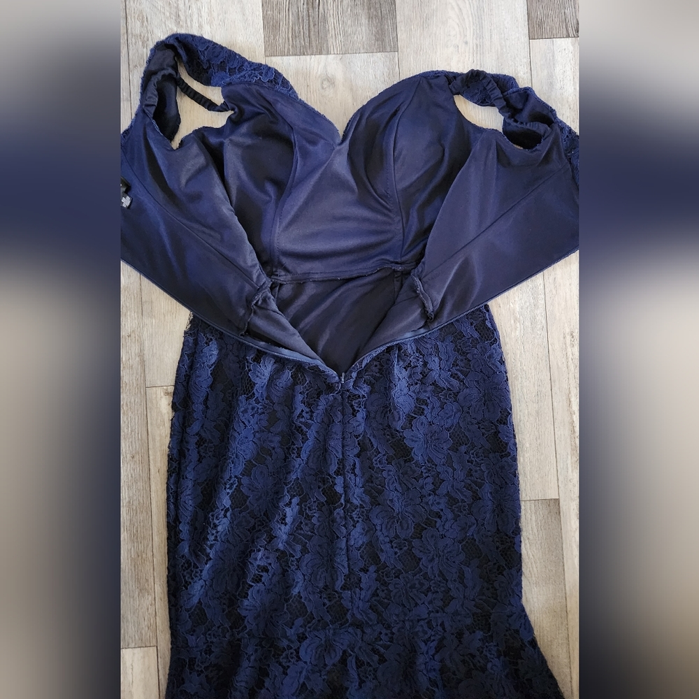 Xscape Off-the-Shoulder High Low Floral Flouce Lace Dress- Navy Blue - Picture 7 of 12
